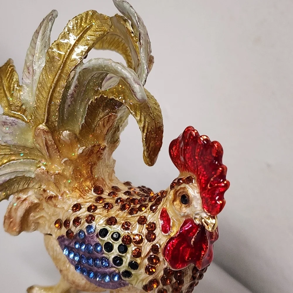 Vintage Trinket Box Rooster Jeweled Rhinestone Enameled Magnetic Close Funky